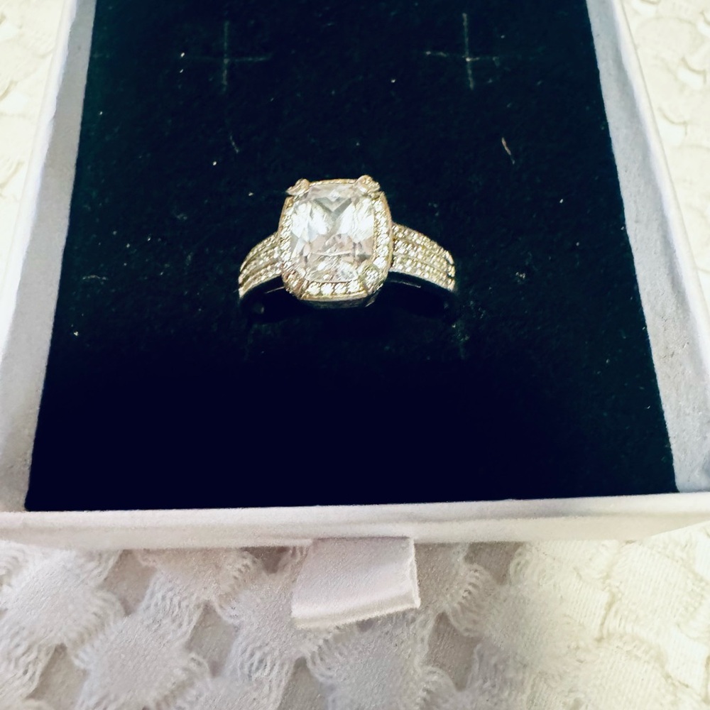 New CZ Ring emerald cut w/accents 18kt white gold over sterling silver size 9